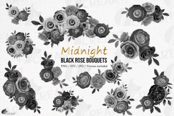 Midnight Black Rose Bouquets Clipart PNG: Graphics for Print Templates
