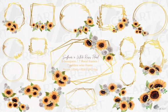 Sunflowers and White Roses Bridal Frames: Graphics & Print Templates