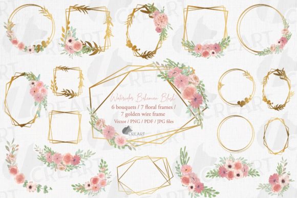 Watercolor Blush Bouquets, Gold Frames Graphics