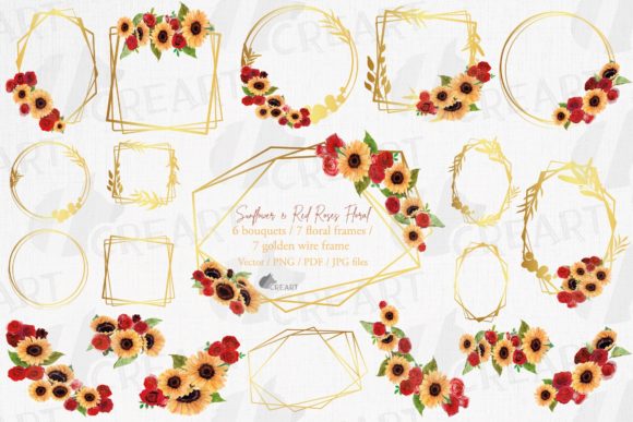 Watercolor Sunflowers & Red Roses Graphics